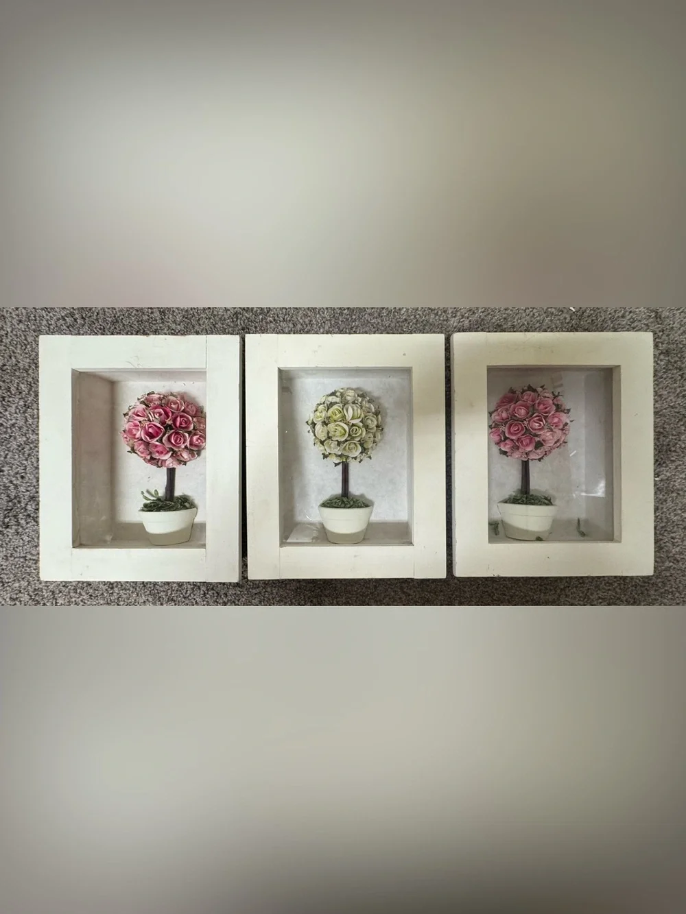 Framed Topiary Wall Art Set - Pink & Cream Floral Shadow Boxes